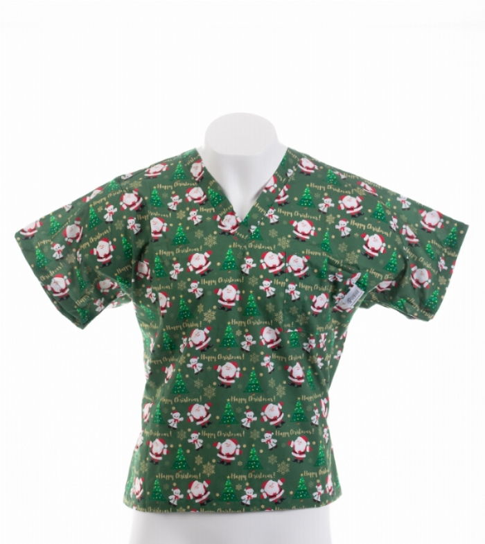   Father Christmas And The Tree Short Sleeve Scrub Top 100% Cotton