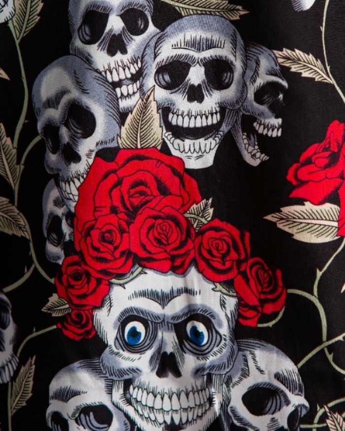 Skull & Rose Halloween Short Sleeve Scrub Top 100% Cotton